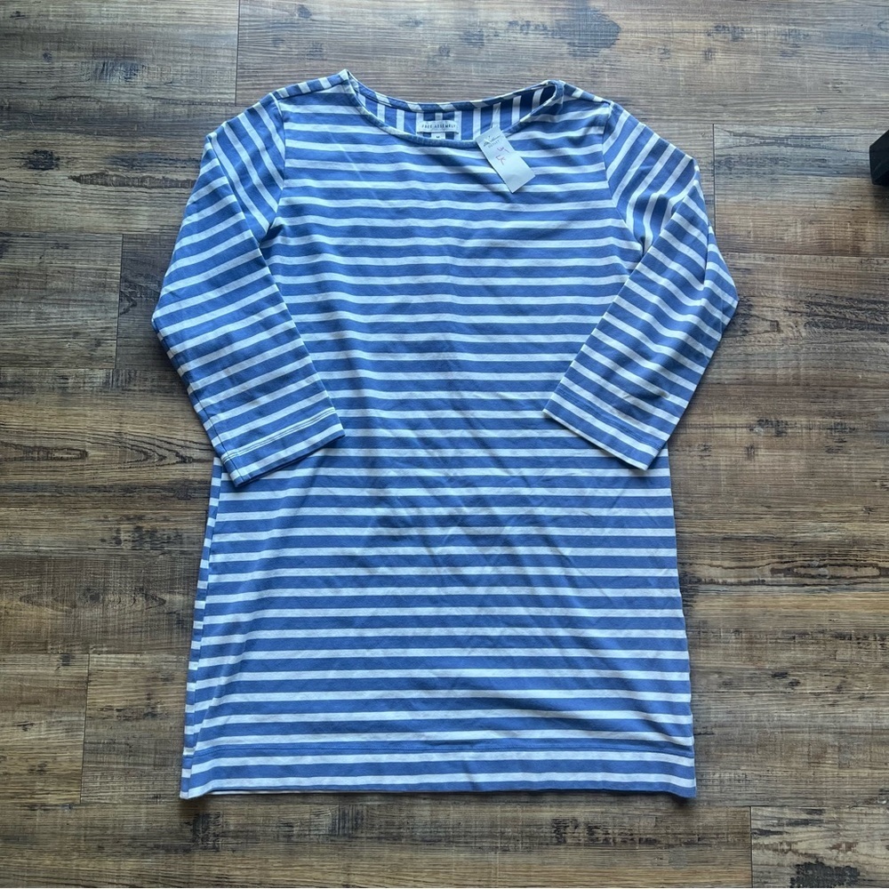 Free Assembly Womens Blue/White Boatneck Mini Stripes Long Sleeve Dress Sz M NWT
